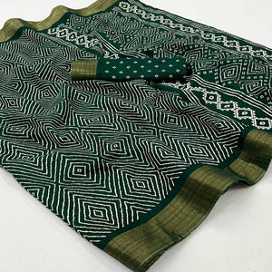 Bottle Green Printed Cotton Blend Saree With Woven Border
