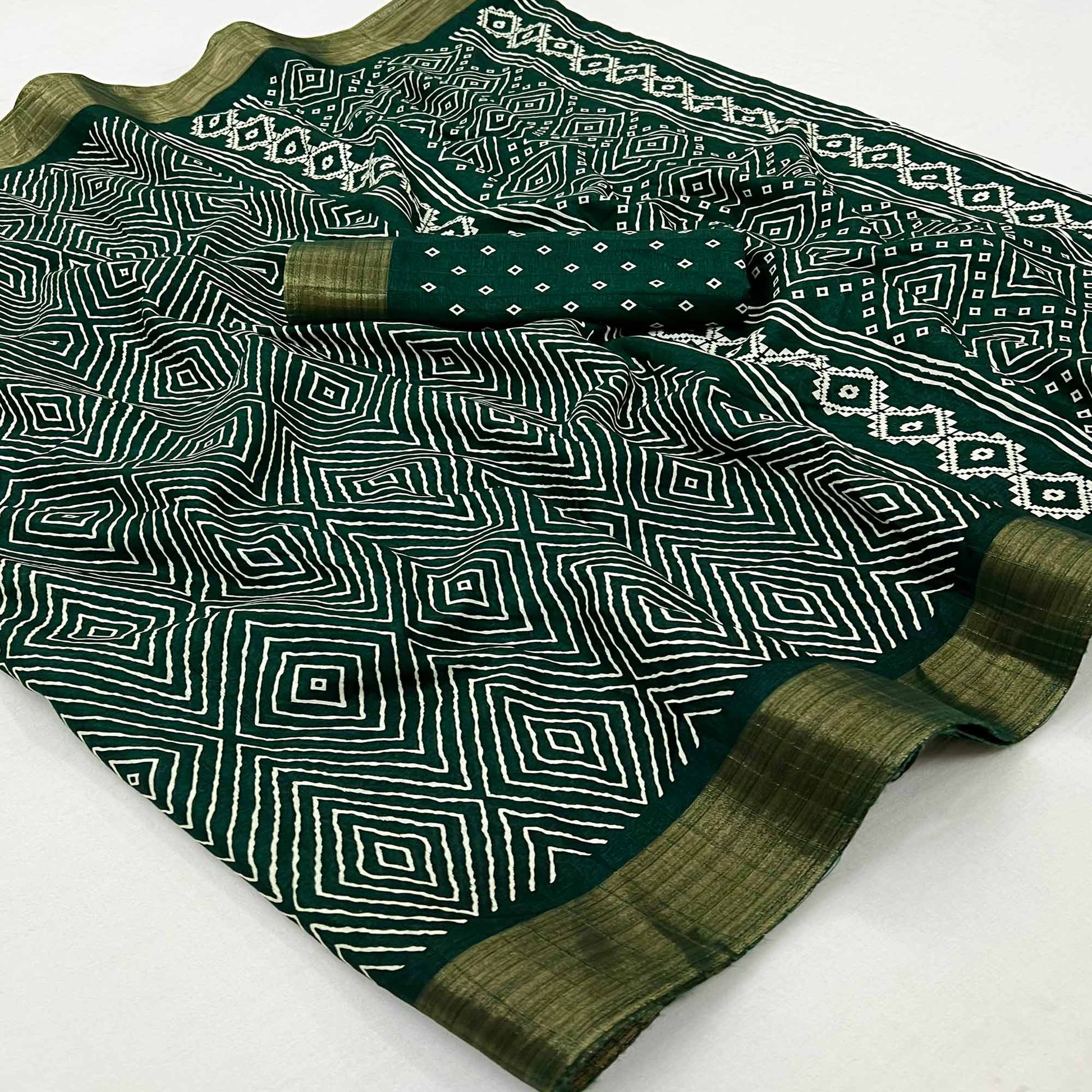 Bottle Green Printed Cotton Blend Saree With Woven Border