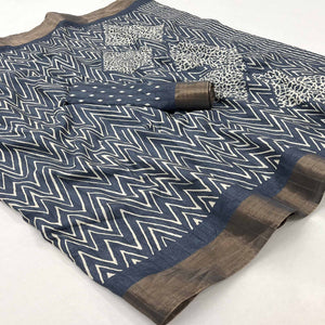 Grey Printed Cotton Blend Saree With Woven Border