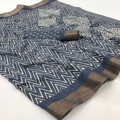 Grey Printed Cotton Blend Saree With Woven Border