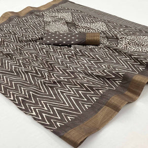 Brown Printed Cotton Blend Saree With Woven Border