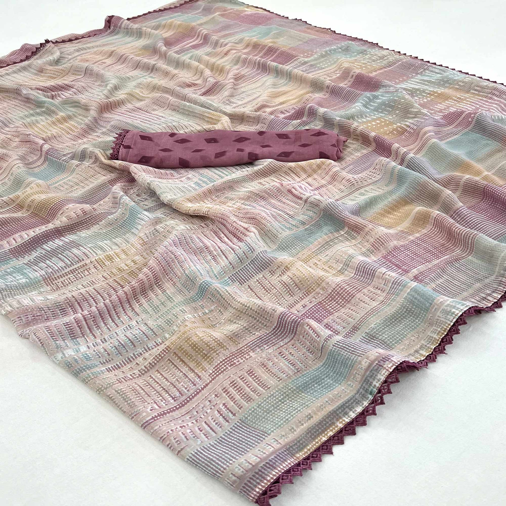 Mauve Printed Georgette Saree With Fancy Border