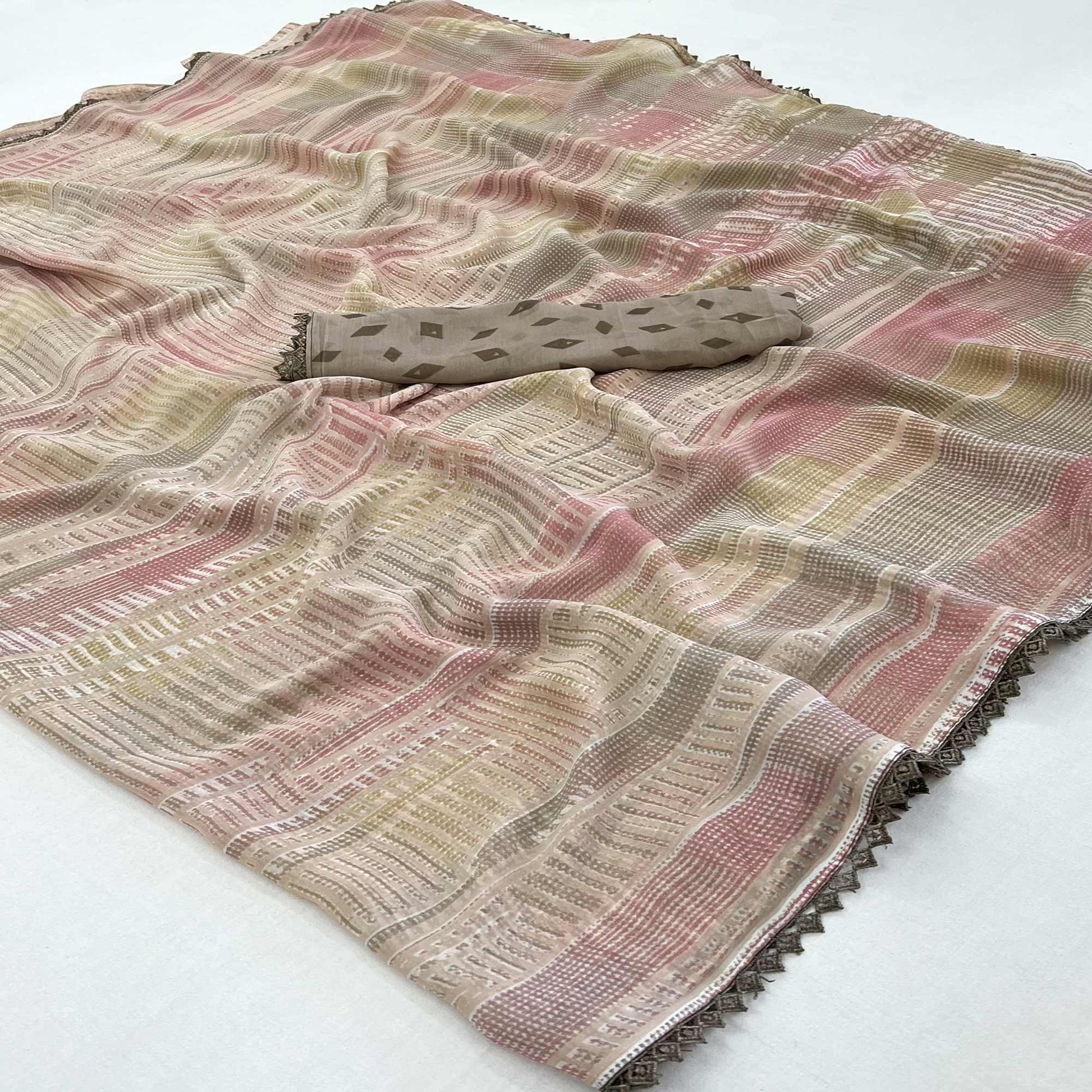 Brown Printed Georgette Saree With Fancy Border