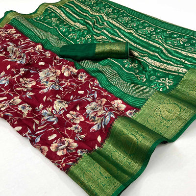 Maroon Floral Printed With Woven Border Dola Silk Saree