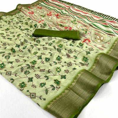 green-floral-printed-with-woven-border-dola-silk-saree-3
