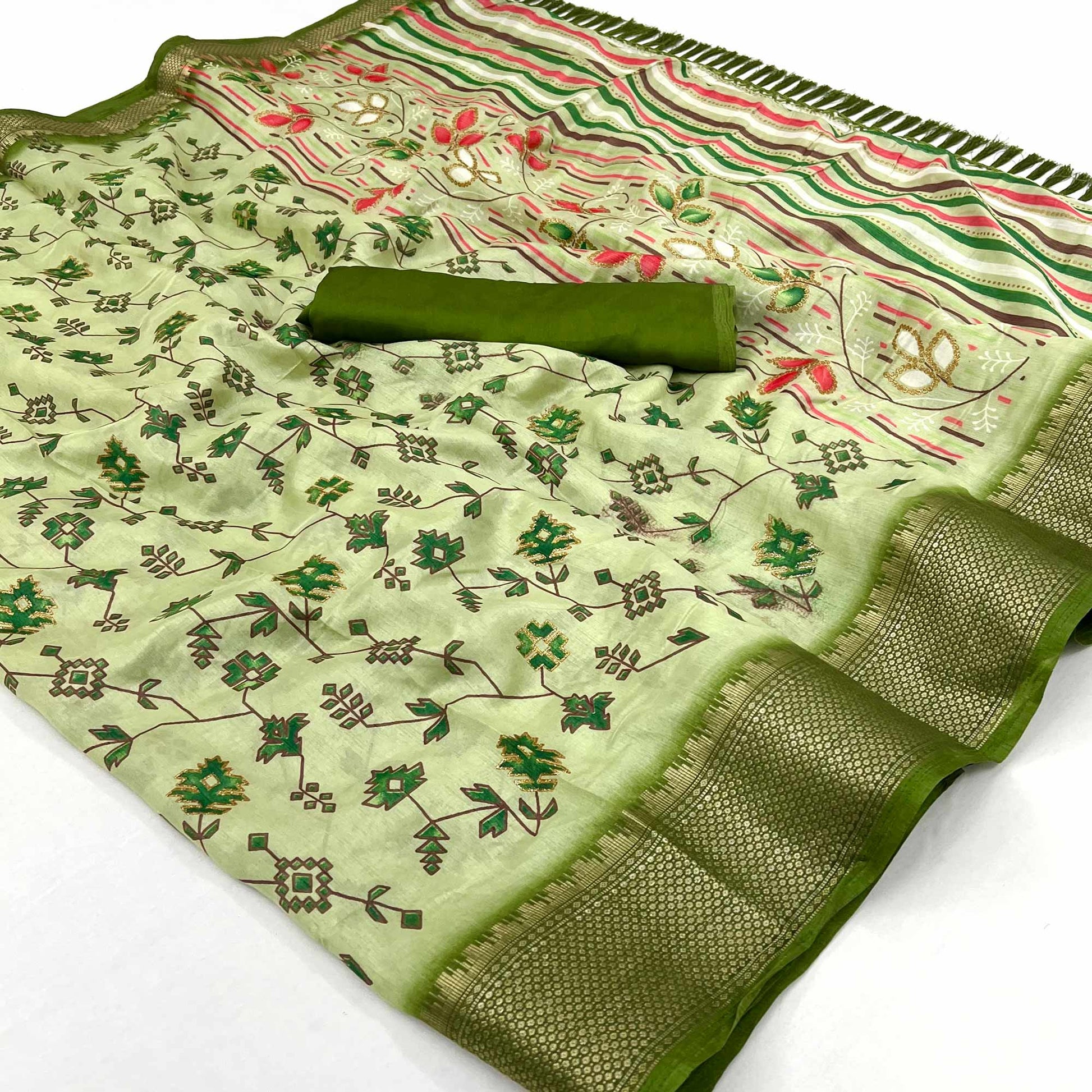 green-floral-printed-with-woven-border-dola-silk-saree-3