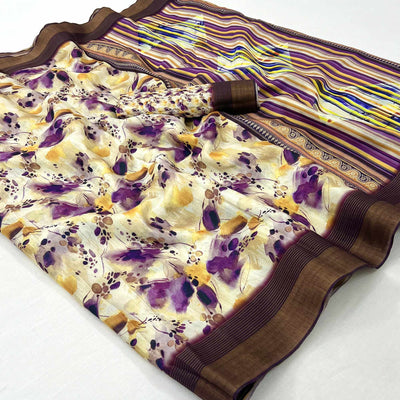 Cream Digital Printed With Woven Border Cotton Silk Saree