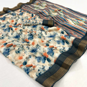 Cream Digital Printed With Woven Border Cotton Silk Saree