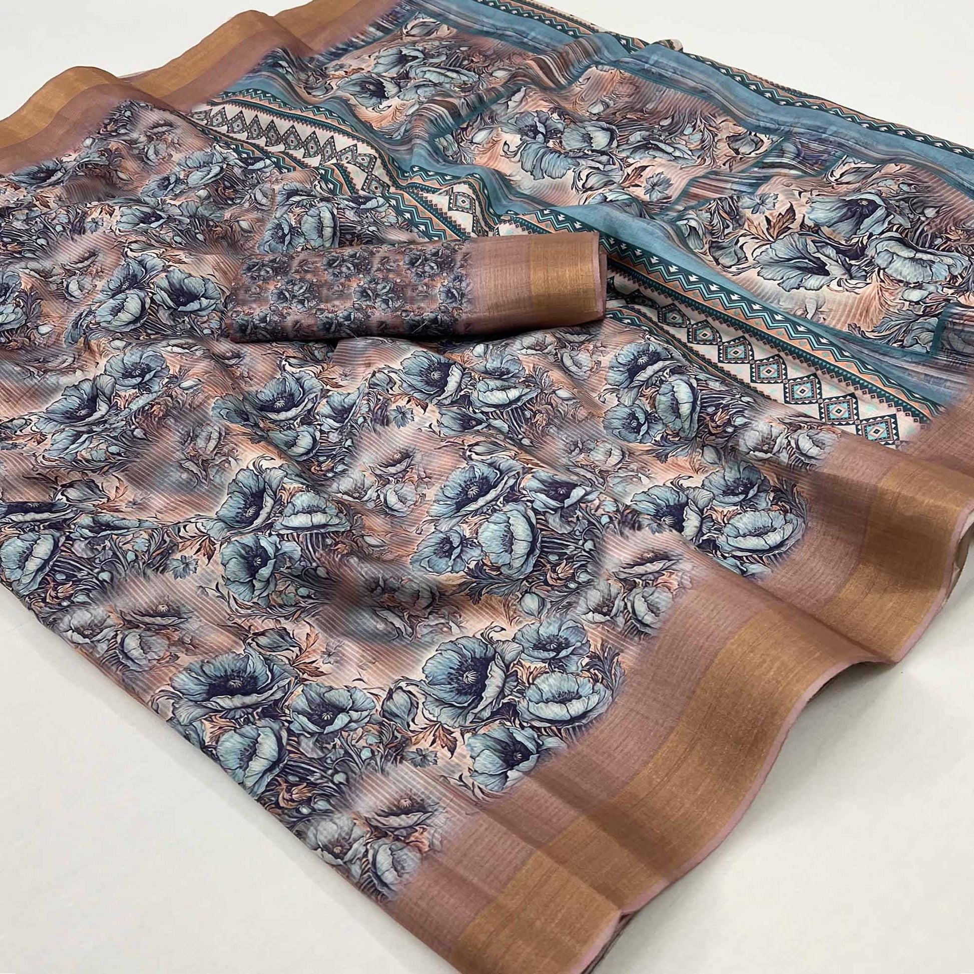 Chikoo Digital Printed With Woven Border Cotton Silk Saree