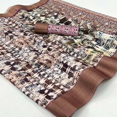 Brown Digital Printed With Woven Border Cotton Silk Saree