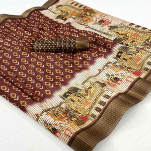 Brown Digital Printed With Woven Border Cotton Silk Saree