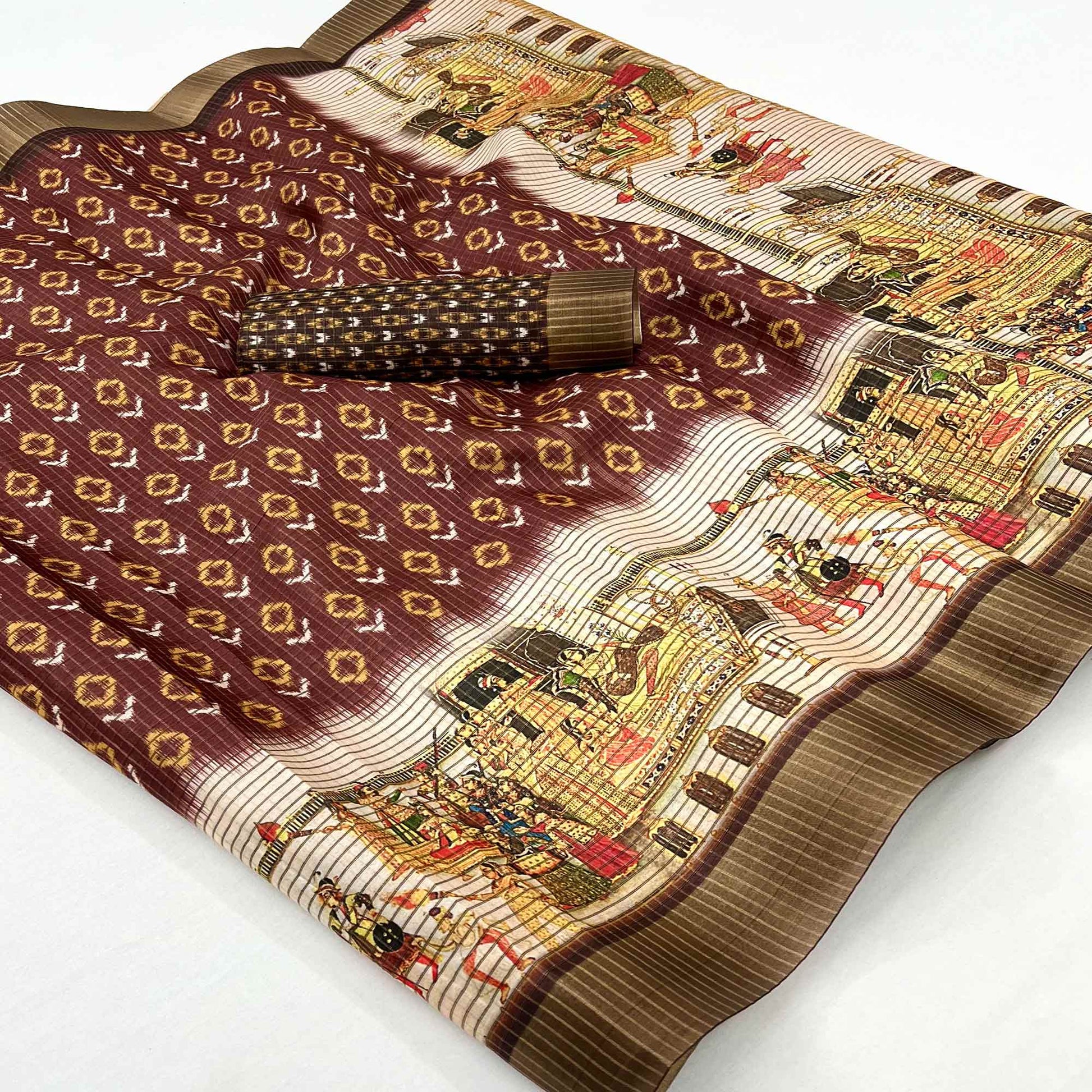 Brown Digital Printed With Woven Border Cotton Silk Saree