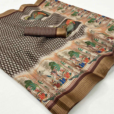 Coffee Brown Digital Printed With Woven Border Cotton Silk Saree