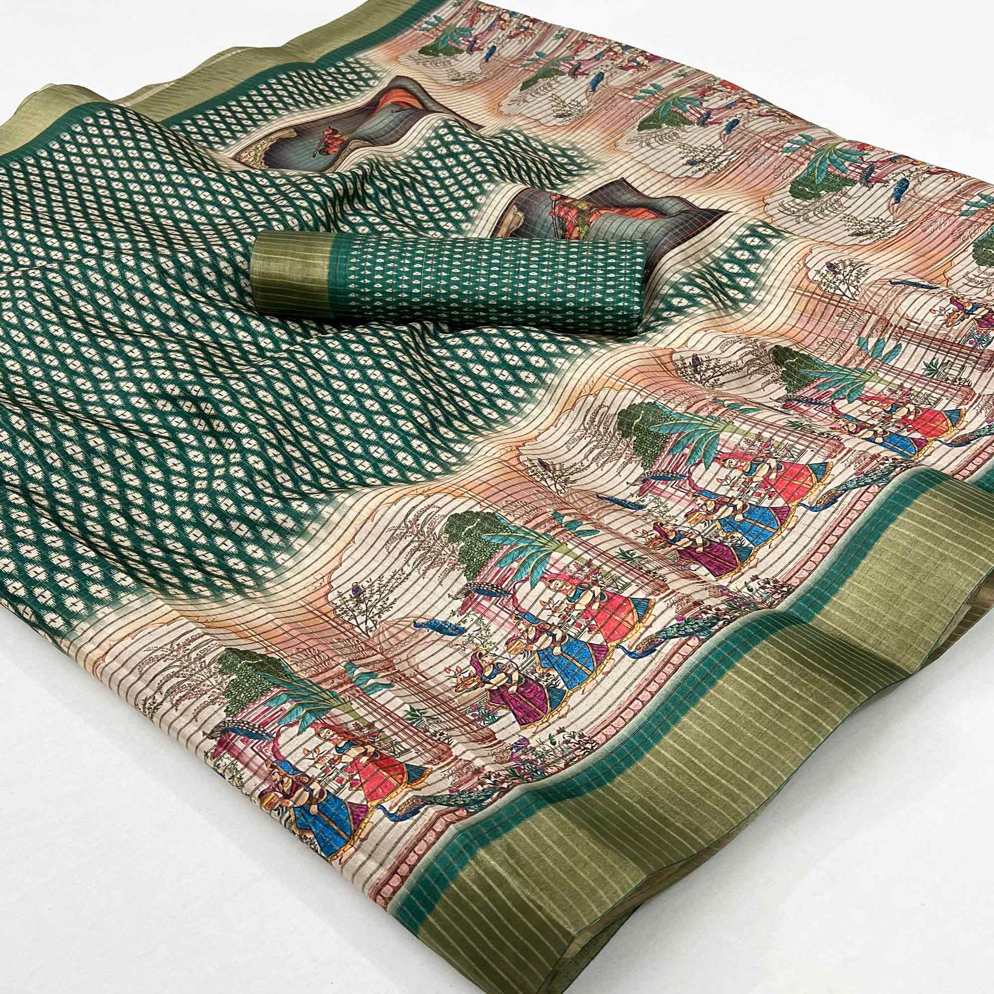 green-digital-printed-with-woven-border-cotton-silk-saree