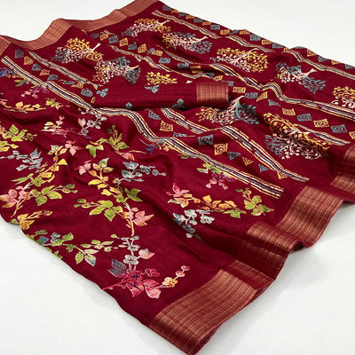 Maroon Floral Printed Cotton Silk Saree