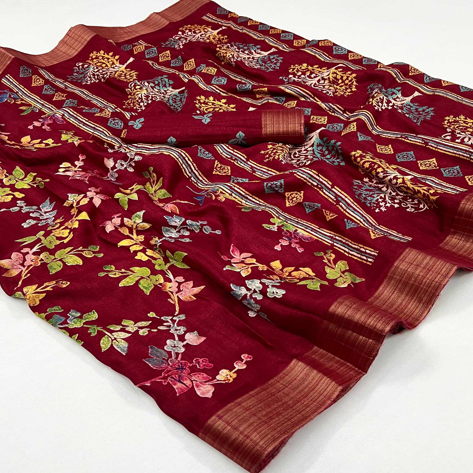 Maroon Floral Printed Cotton Silk Saree