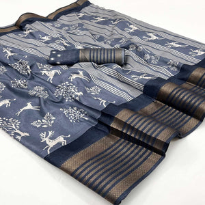 Grey Printed Dola Silk Saree With Woven Border