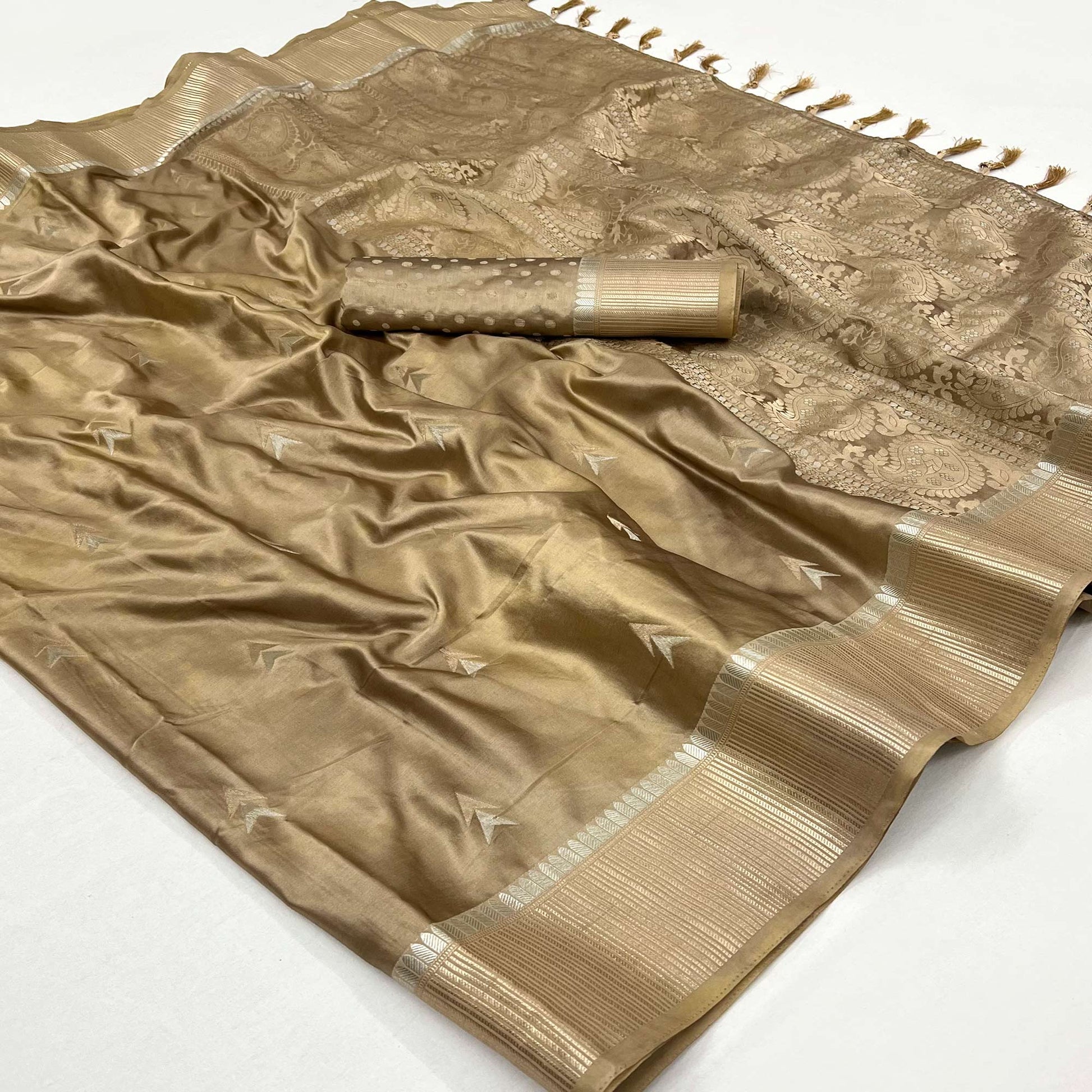 Chikoo Woven Satin Silk Saree With Tassels