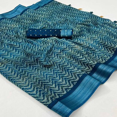 Blue Zig Zag Printed Kota Doria Saree With Tassels