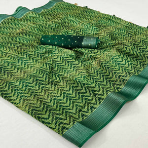 Bottle Green Zig Zag Printed Kota Doria Saree With Tassels