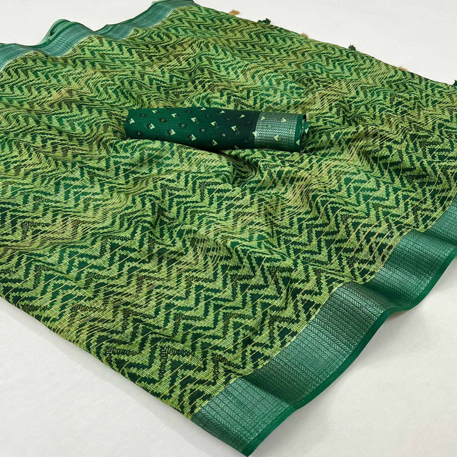 Bottle Green Zig Zag Printed Kota Doria Saree With Tassels
