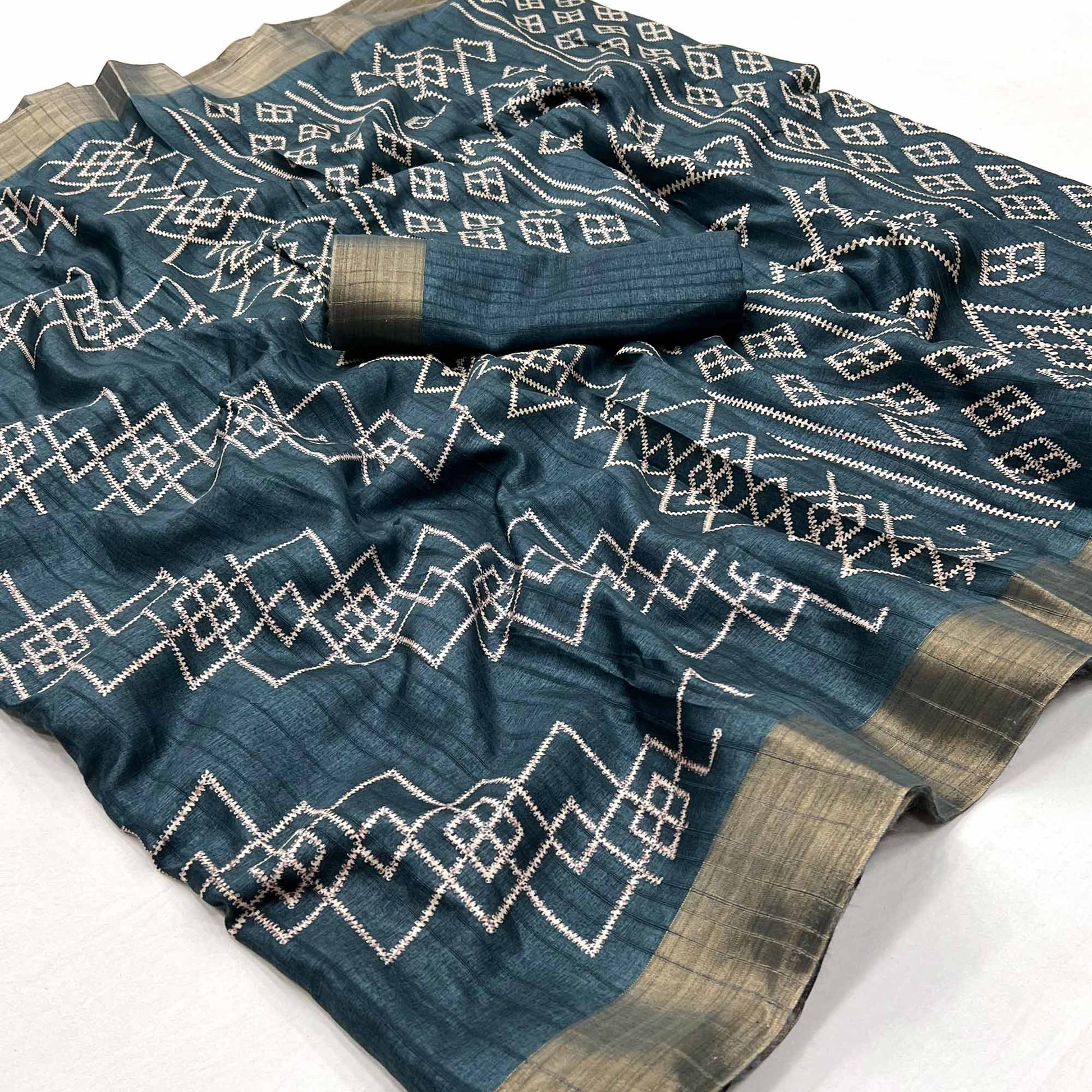 Dark Teal Blue Printed Cotton Blend Saree With Zari Border