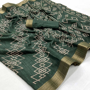 Bottle Green Printed Cotton Blend Saree With Zari Border
