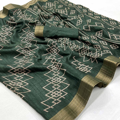 Bottle Green Printed Cotton Blend Saree With Zari Border