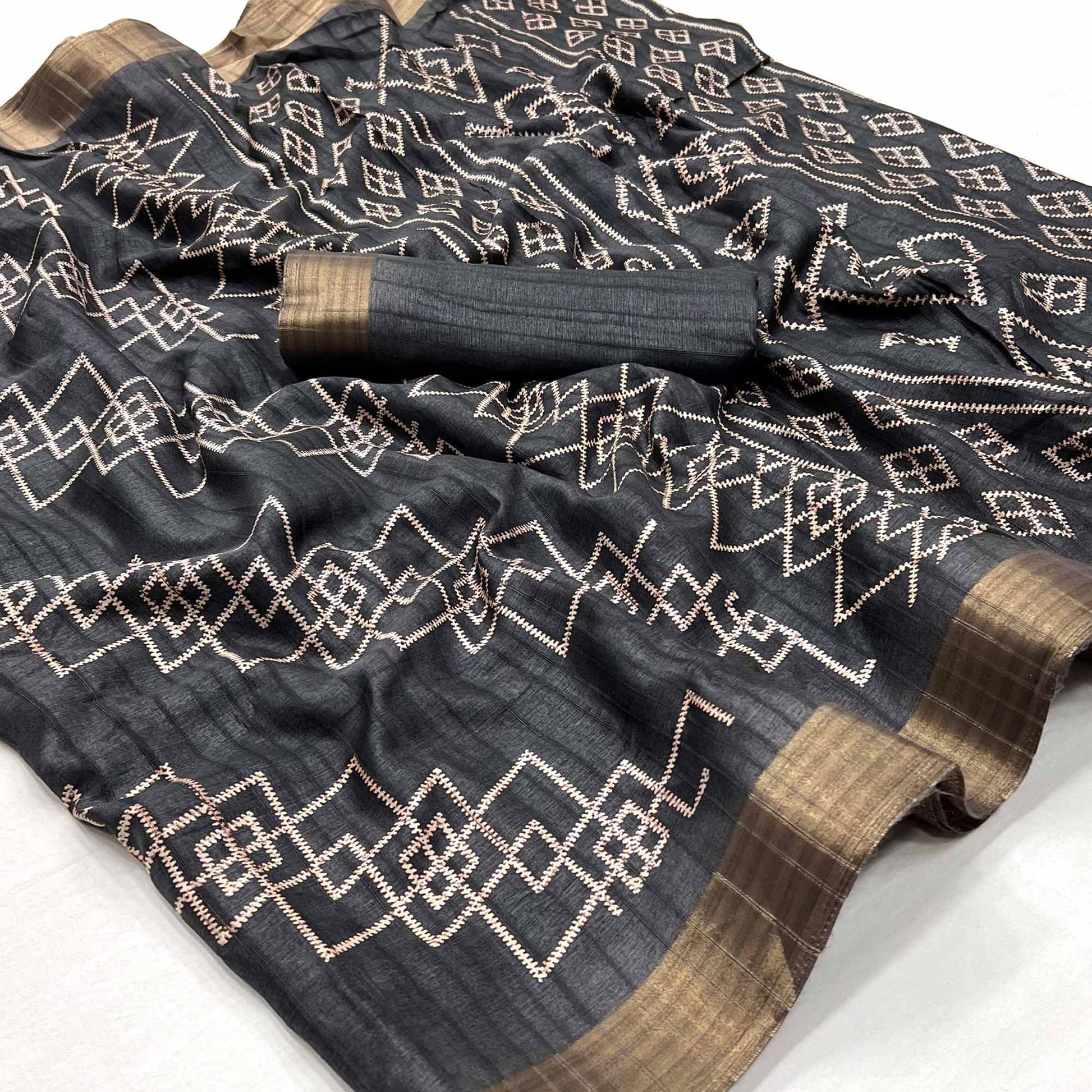 Grey Printed Cotton Blend Saree With Zari Border