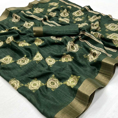 Bottle Green Printed Cotton Blend Saree With Zari Border