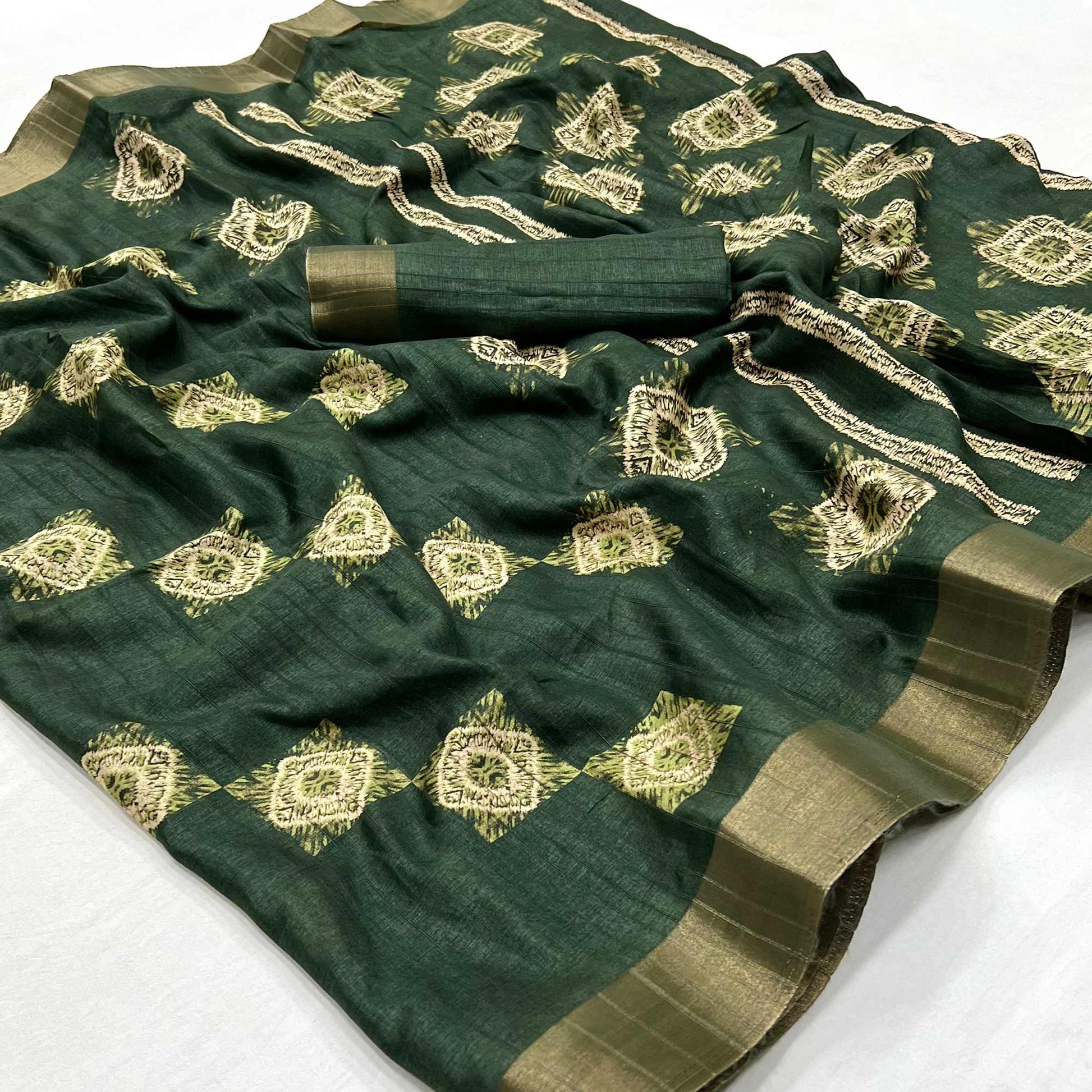 Bottle Green Printed Cotton Blend Saree With Zari Border