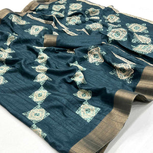 Dark Teal Blue Printed Cotton Blend Saree With Zari Border