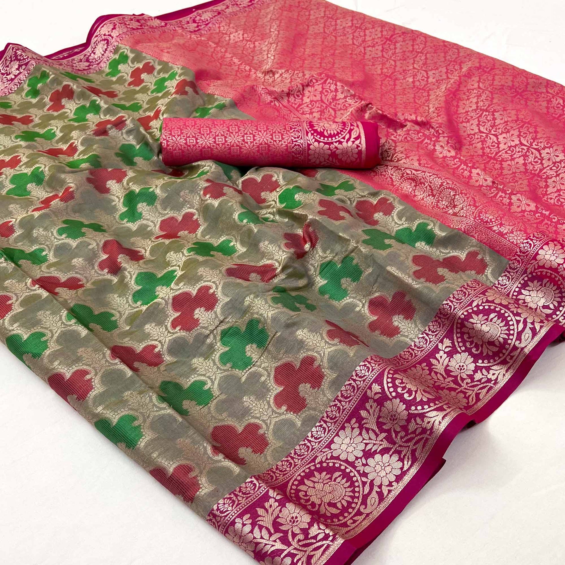 grey-rani-pink-floral-woven-organza-saree