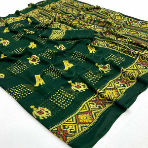 Bottle Green Bandhani Printed With Sequins Work Georgette Saree