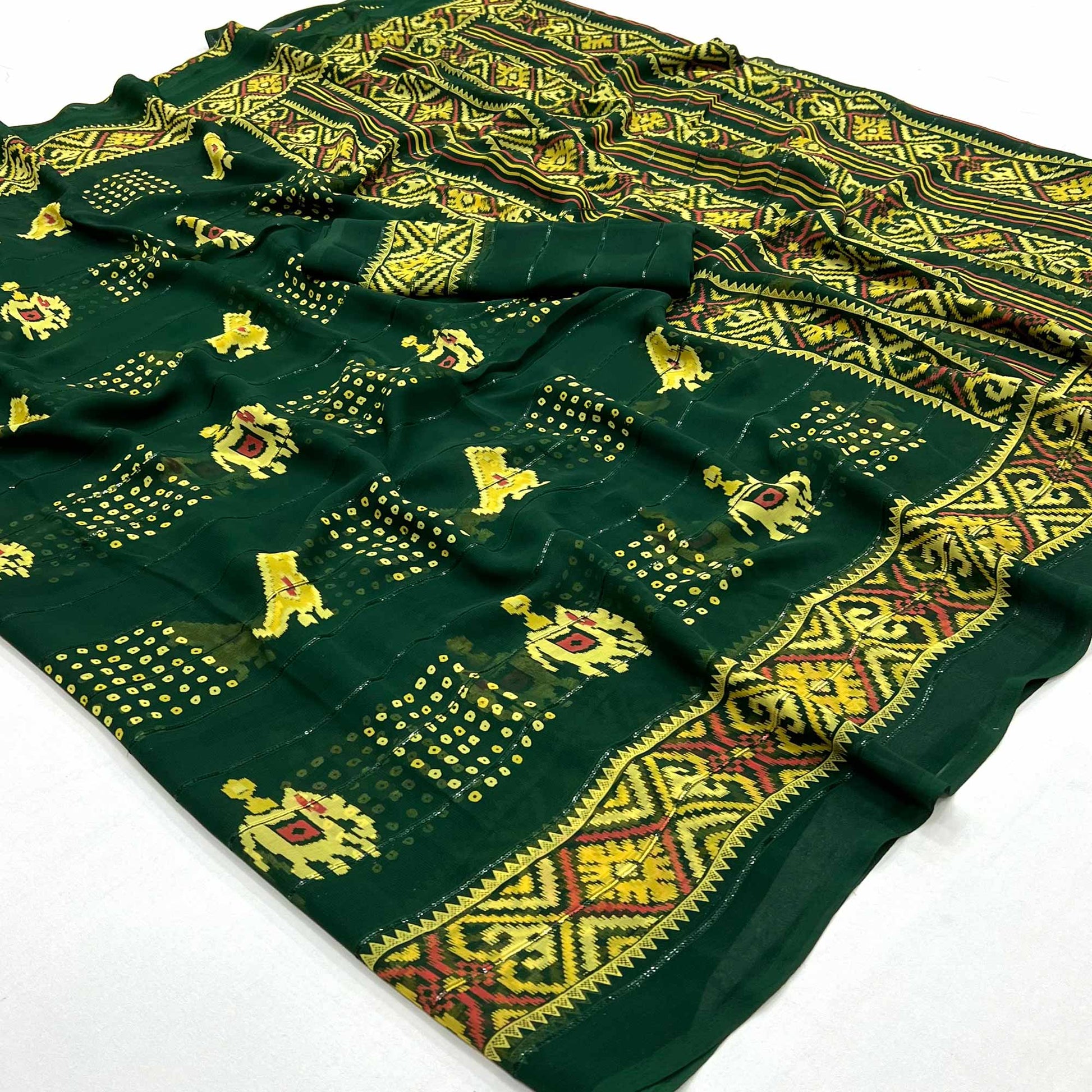 Bottle Green Bandhani Printed With Sequins Work Georgette Saree
