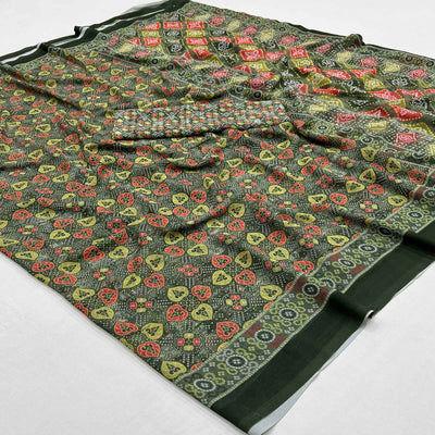 Bottle Green Bandhani Digital Printed Georgette Saree
