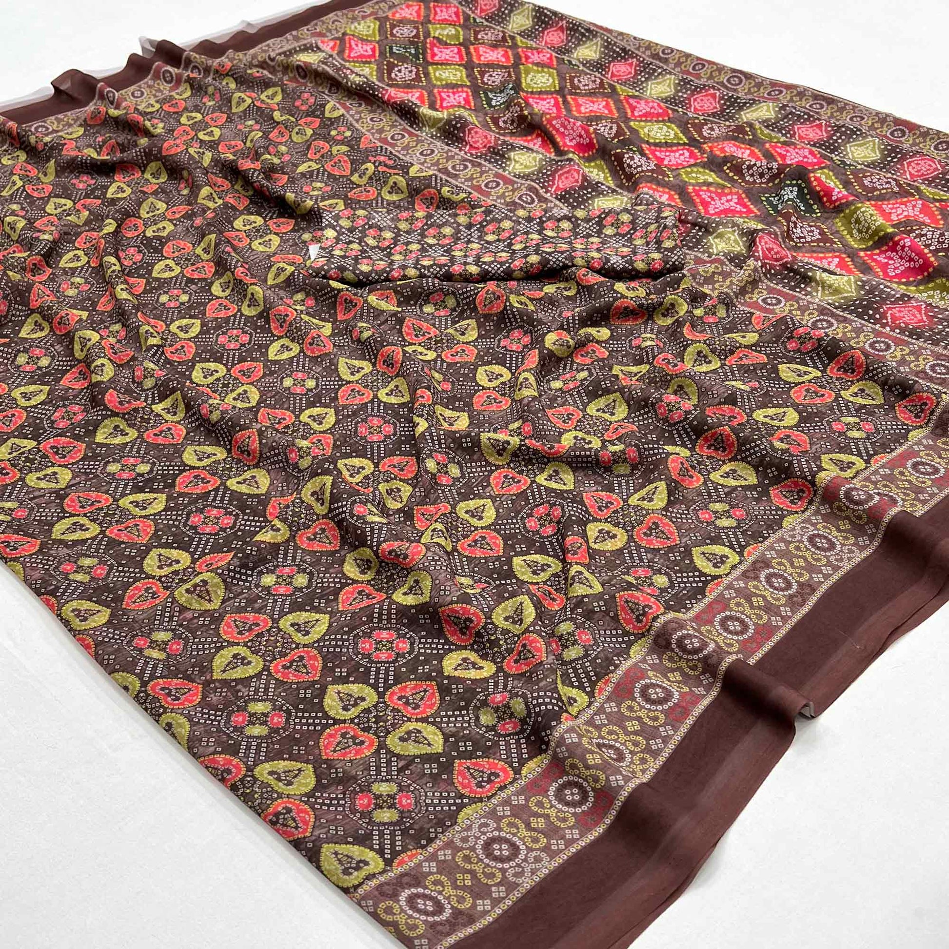 Brown Bandhani Digital Printed Georgette Saree