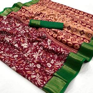 Maroon Floral Printed Dola Silk Saree With Woven Border