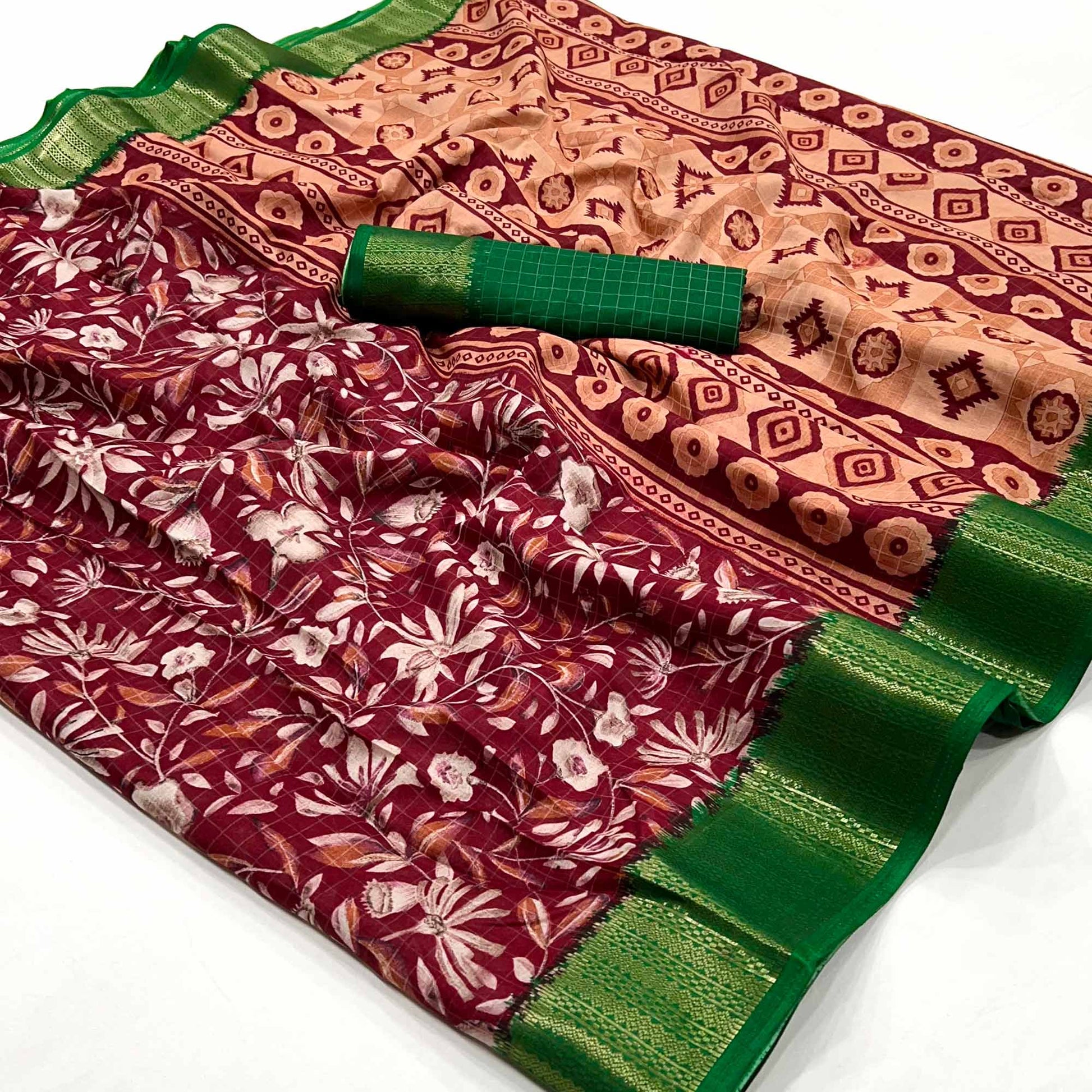 Maroon Floral Printed Dola Silk Saree With Woven Border