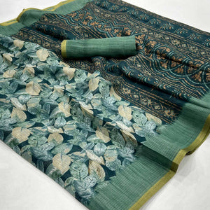 green-digital-printed-cotton-blend-saree