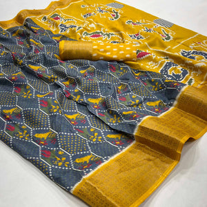Grey Printed Dola Silk Saree With Woven Border