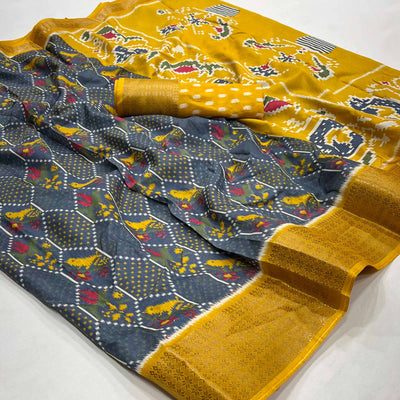 Grey Printed Dola Silk Saree With Woven Border