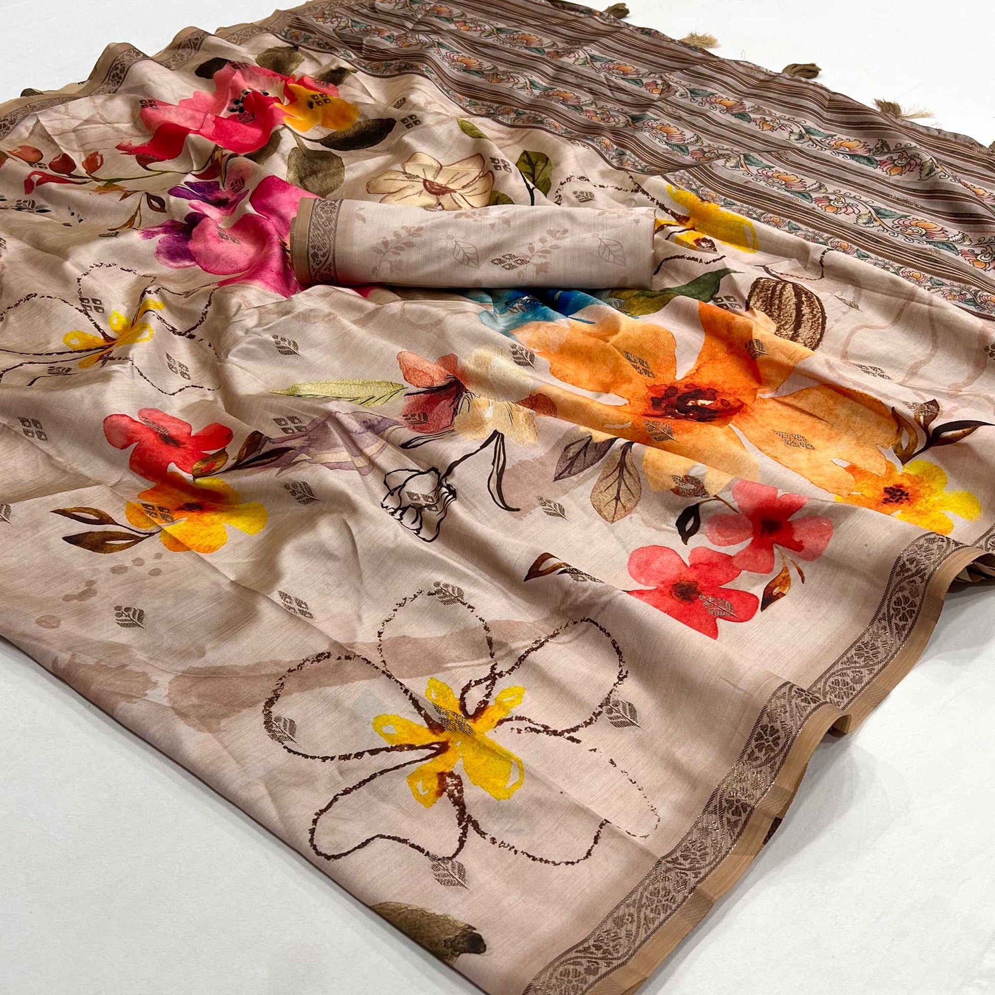 Chikoo Floral Digital Printed Cotton Silk Saree With Zari Border