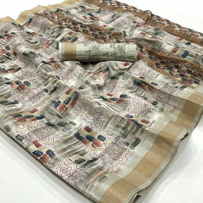 Chikoo Digital Printed Cotton Blend Saree With Woven Border
