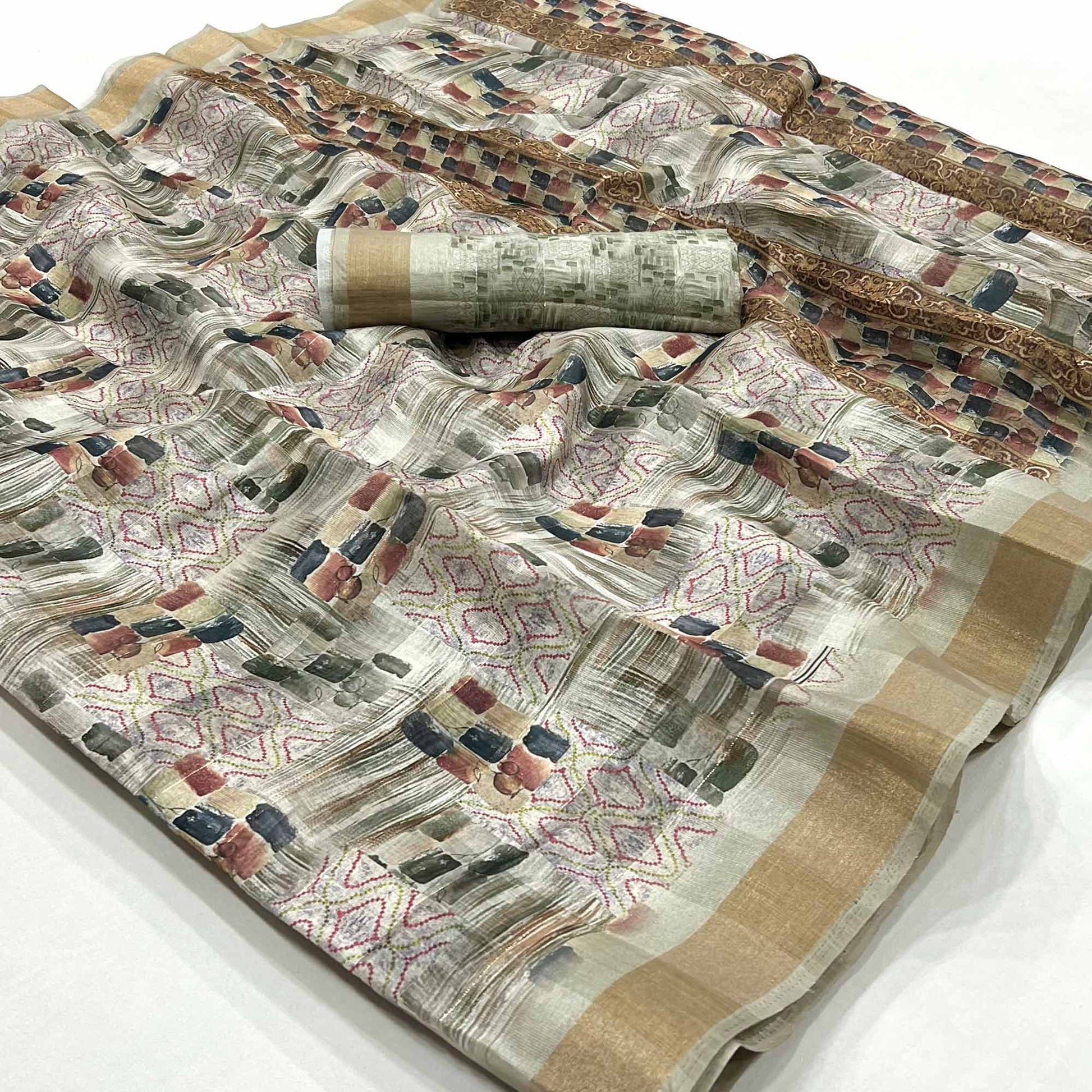 Chikoo Digital Printed Cotton Blend Saree With Woven Border