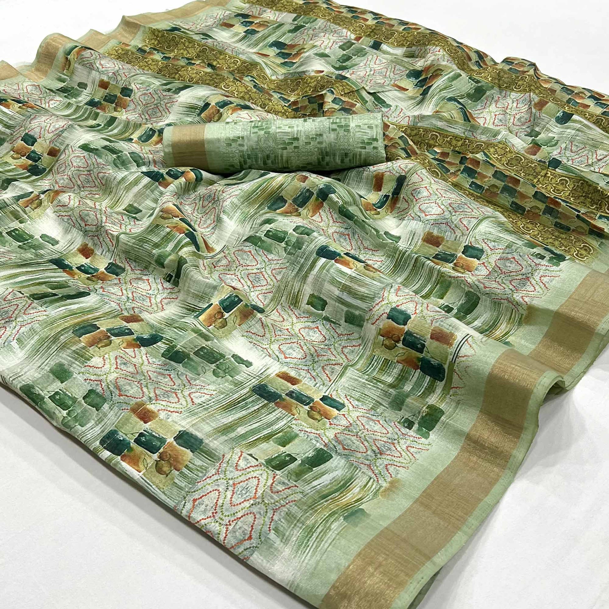 green-digital-printed-cotton-blend-saree-with-weaving-border