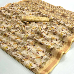 Light Yellow Floral Digital Printed Cotton Blend Saree With Woven Border
