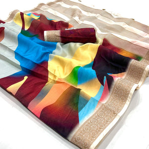Multicolor Digital Printed Dola Silk Saree With Woven Border