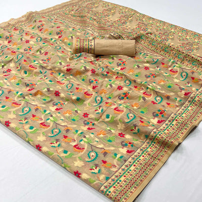Chikoo Floral Woven Cotton Blend Saree