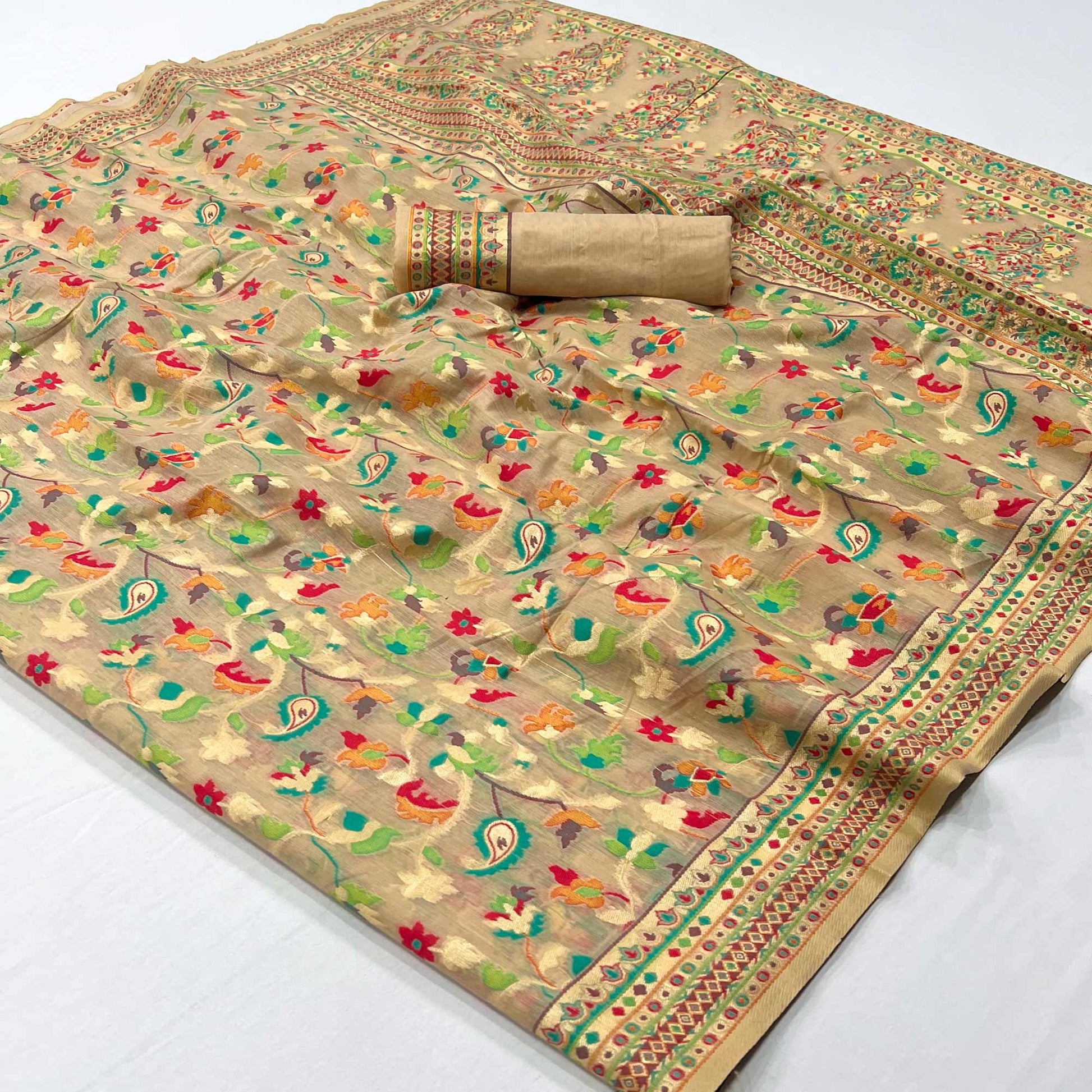 Chikoo Floral Woven Cotton Blend Saree